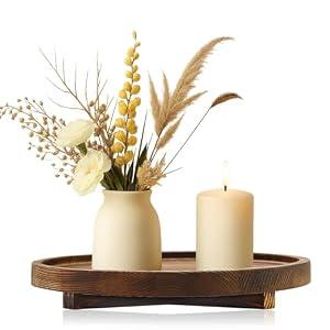 12 inch Large Round Decorative Tray Wood Bathroom Counter Organizer Farmhouse Kitchen Decor Wooden Riser for Perfume Soap Dish Wood Decorative Candle Holders for Home Decor Brown Table Centerpieces
