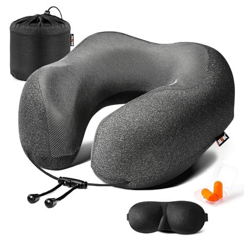 MLVOC Travel Pillow 100% Pure Memory Foam Neck Pillow, Comfortable & Breathable Cover, Machine Washable, Airplane Travel Kit with 3D Contoured Eye Masks Standard (Black)