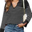 Moreone Women's Striped Sweaters V Neck Long Sleeves Knitted Casual Pullovers Jumper Tops Shirt Tops (X-Large, Black)