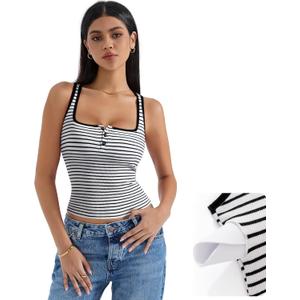 SUUKSESS Women Built in Bra Sexy Ribbed Square Neck Tank Tops Summer Cotton Sleeveless Crop Going Out Cami (Large, Black Striped)