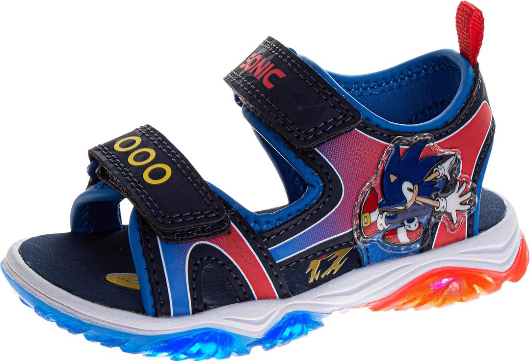 Disney Kids Cars Toy Story Mickey Spiderman Sonic Sandal LED Light Up Slides, 4 Big Kid, Blue/Red