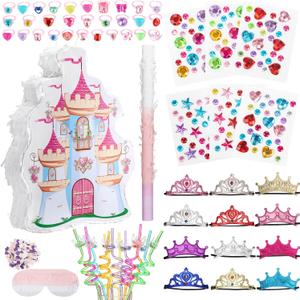 Syhood 70 Pcs Castle Princess Party Decorations Set Princess Castle Piata Tiaras Crown Blindfold Mask Gem Stickers Gem Rings and Straws for Theme Birthday Party Supplies Decor