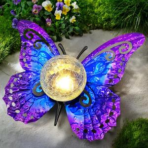 Solar Lights Outdoor Garden Butterfly Decor, Metal Butterfly Statue Decoration with LED Crackle Glass Globe, Solar Powered Lighted Garden Art Decor for Patio Lawn Yard Pathway Tabletop Ground (Purple)