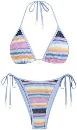 ZAFUL Women's Colorblock Stripes Triangle Halter Tied Cheeky Thong Bikini Set High Cut Two Piece Bathing Suit Size M