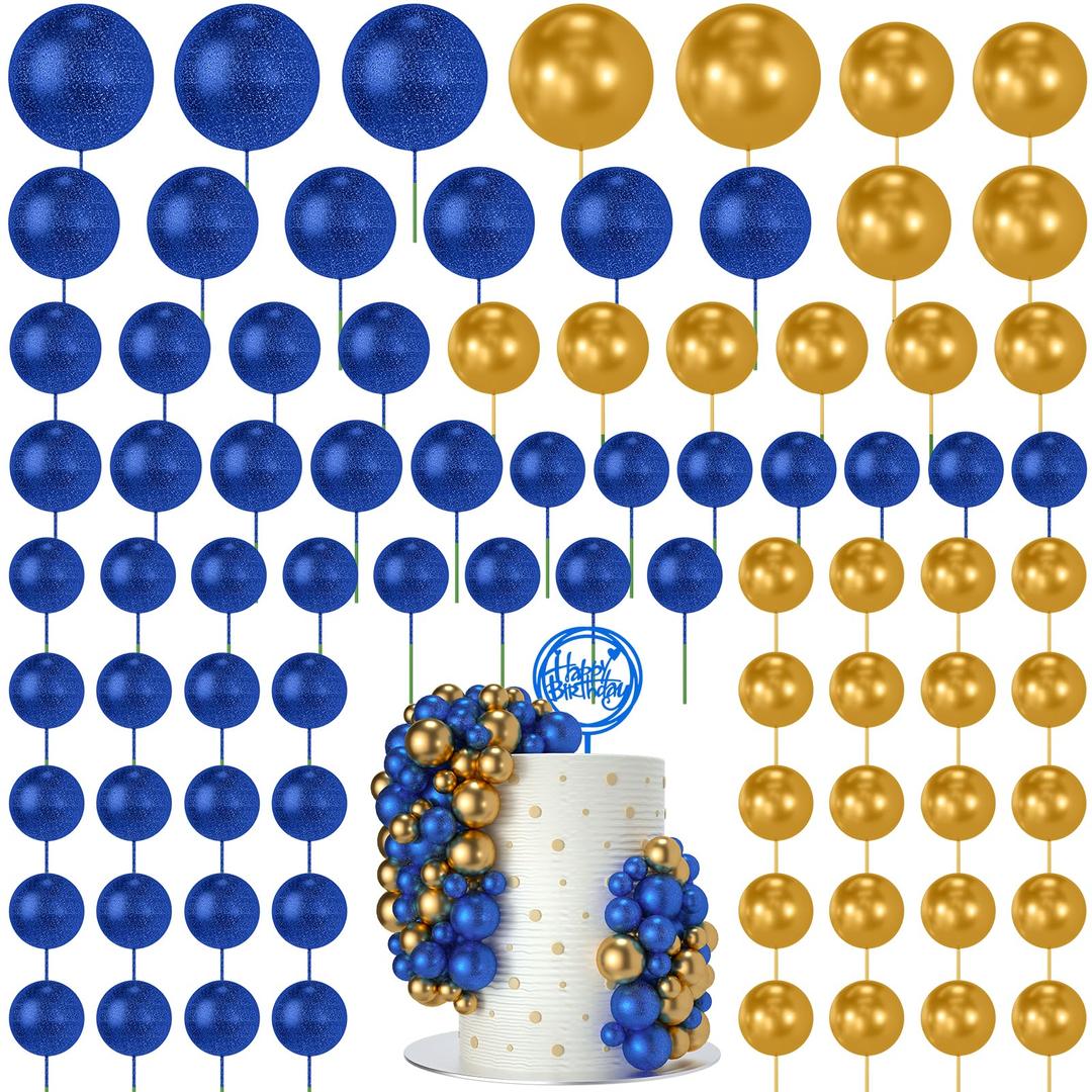 NACHLYNN 80 Pcs Cake Balls Decorations Mini Balloon Cake Topper Balls Foam Cupcake Toppers Balls for Cake Decorating Birthday Parties Weddings Anniversary (Glitter Royal Blue Gold)