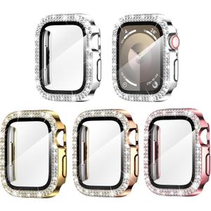 Goton 4-Pack Bling Screen Protector for Apple Watch Series 9 8 7 45mm Case, Women Glitter Diamond Rhinestone Bumper Cover for iWatch Accessories 45 mm (Silver+Gold+Rose Gold+Pink( Glass))