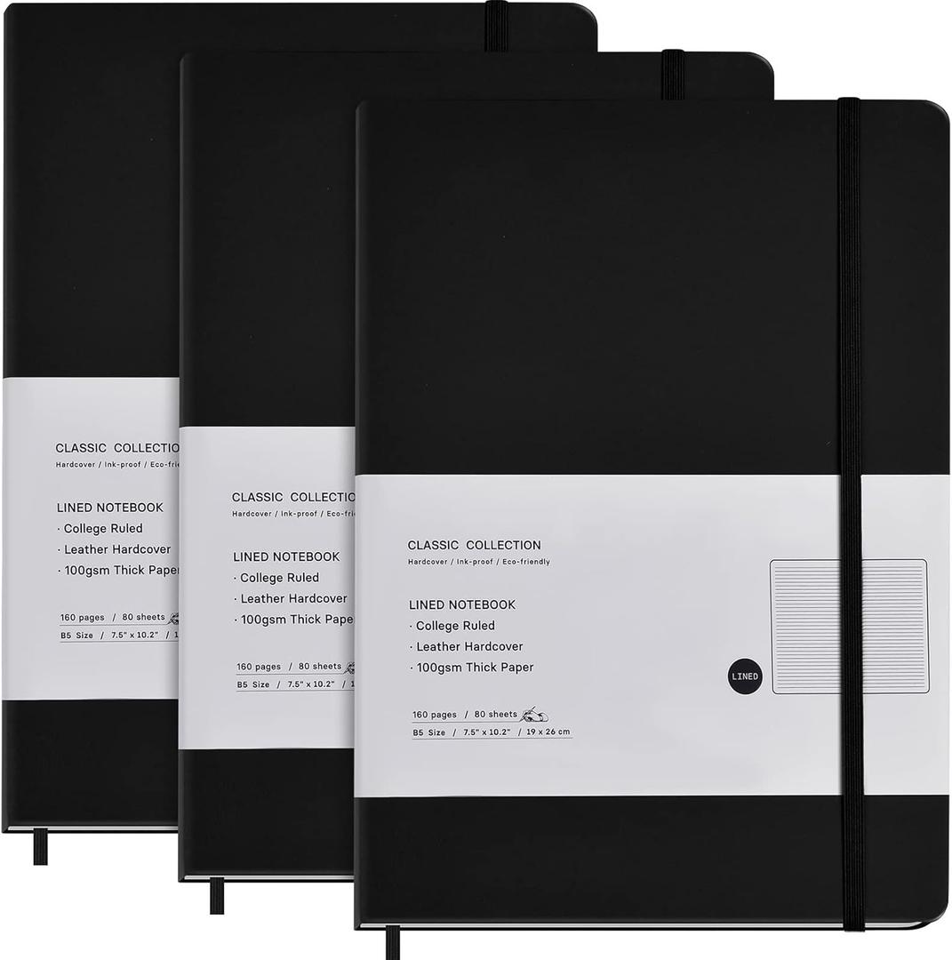 Coopay 3 Pack B5 Journal Notebooks Classic College Ruled Notebooks Hardcover Lined Journals for Office Home School Business Writing Note Taking, 10.2 x 7.5 inch, 100GSM Thick Paper, 160 Pages (Black)