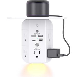 PD20W Wall Outlet Extender, Outlet Splitter with Shelf and Night Light, USB Wall Charger with 5 AC Outlets and 2 USB A Ports 2 USB C Ports Wide Space 3-Sided Power Strip Multi Plug Outlets (White)