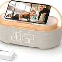 COLSUR Bluetooth Speaker Alarm Clock with Wireless Charger, FM Radio, Adjustable LED Night Light, 6 in 1 Bedroom Portable Speaker 2500mAh, Phone Stand for Bedside, Home, Office, Gift
