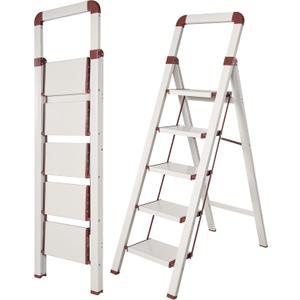 Step Ladder 5-Step White Finish Aluminum Iron Folding Ladders