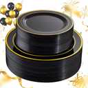 FLOWERCAT 100PCS Black and Gold Plates - Heavy Duty Black Plates Disposable for Halloween Party/New Year/Birthday- Include 50PCS 10.25inch Dinner Plates - 50PCS 7.5inch Dessert Plates