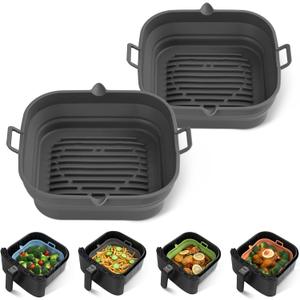 [2 Pack] Silicone Air Fryer Liners Square - Reusable Airfryer Basket - Easy to Clean Air Fryers Pot for 5.8 to 8 Qt Large Air Fryer Baking Tray Oven Accessories, 8.5 Inch