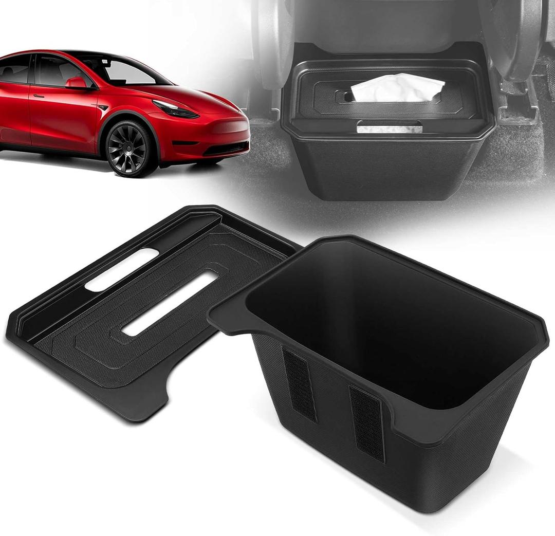 YHTAUTO Rear Center Console Organizer with Lid Fit for Tesla Trash Can Model Y 2020-2025, TPE 2nd Row Center Console Storage Box Tissue Holder Rear Middle Storage Bin