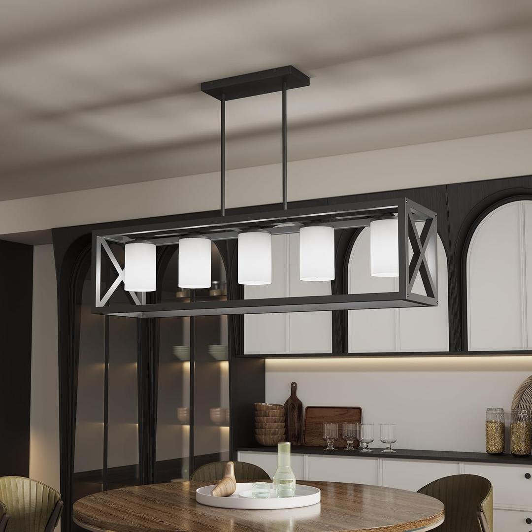 Black White Dining Room Light Fixture - 5 Light Rectangle Light Fixtures with Milk White Glass Shade & Adjustable Height & Thickened Metal Dining Table Lights Fixture Chandeliers for Dining, Room
