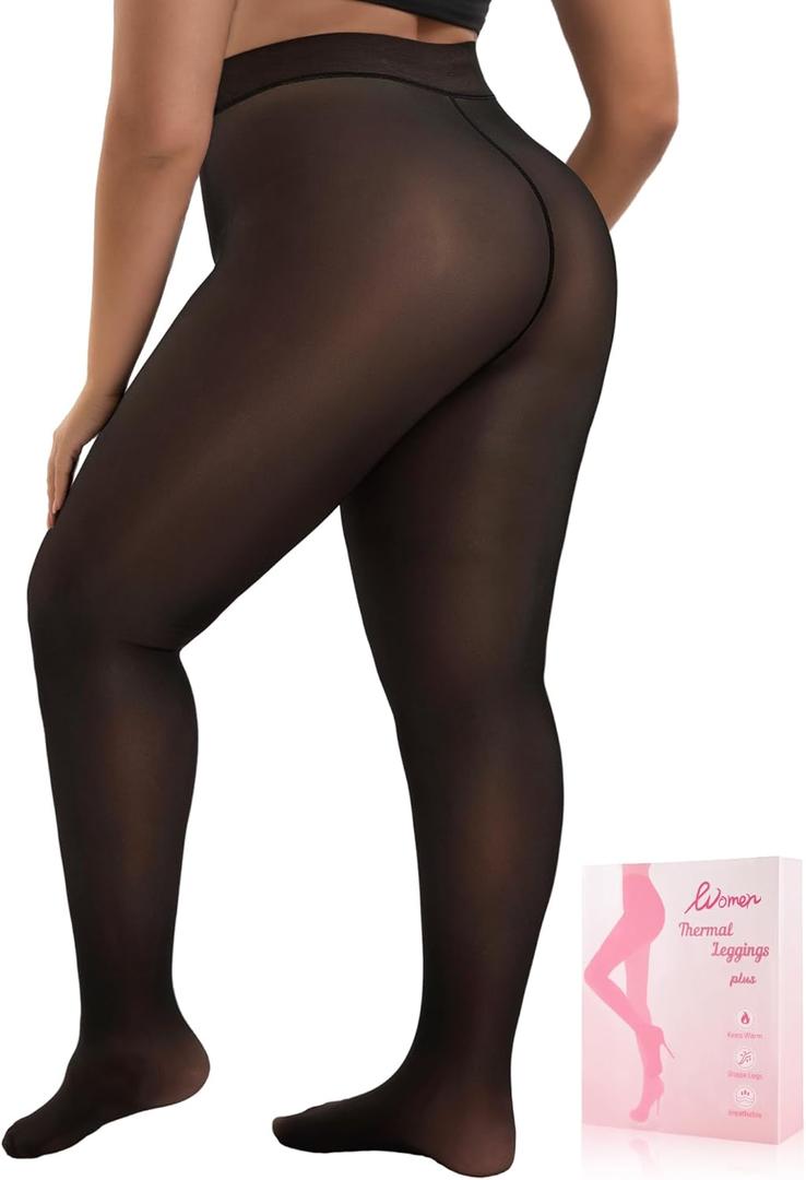 HONGTEYA Plus Size Fleece Lined Tights Women, Winter Warm Thermal Tights Fake Translucent Pantyhose Sheer Leggings  (X-Large-XX-Large, Brown)