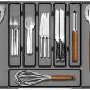 Silverware Drawer Organizer, Expandable Utensil Tray for Kitchen Drawers, BPA Free Flatware and Cutlery Holder, Adjustable Plastic Storage for Utensil like Spoons, Forks, Knives.Black