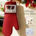 Slohif Long Silicone Oven Mitts Heat Resistant for Women - 2 Pcs Christmas Tree 100% Cotton Oven Gloves, Non-Slip and Waterproof Silicone Oven Mitts with Hanger for Baking and Cooking (Red)
