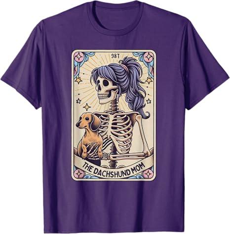 Retro Funny The Dachshund Mom Tarot Card Skeleton Halloween T-Shirt, XXL