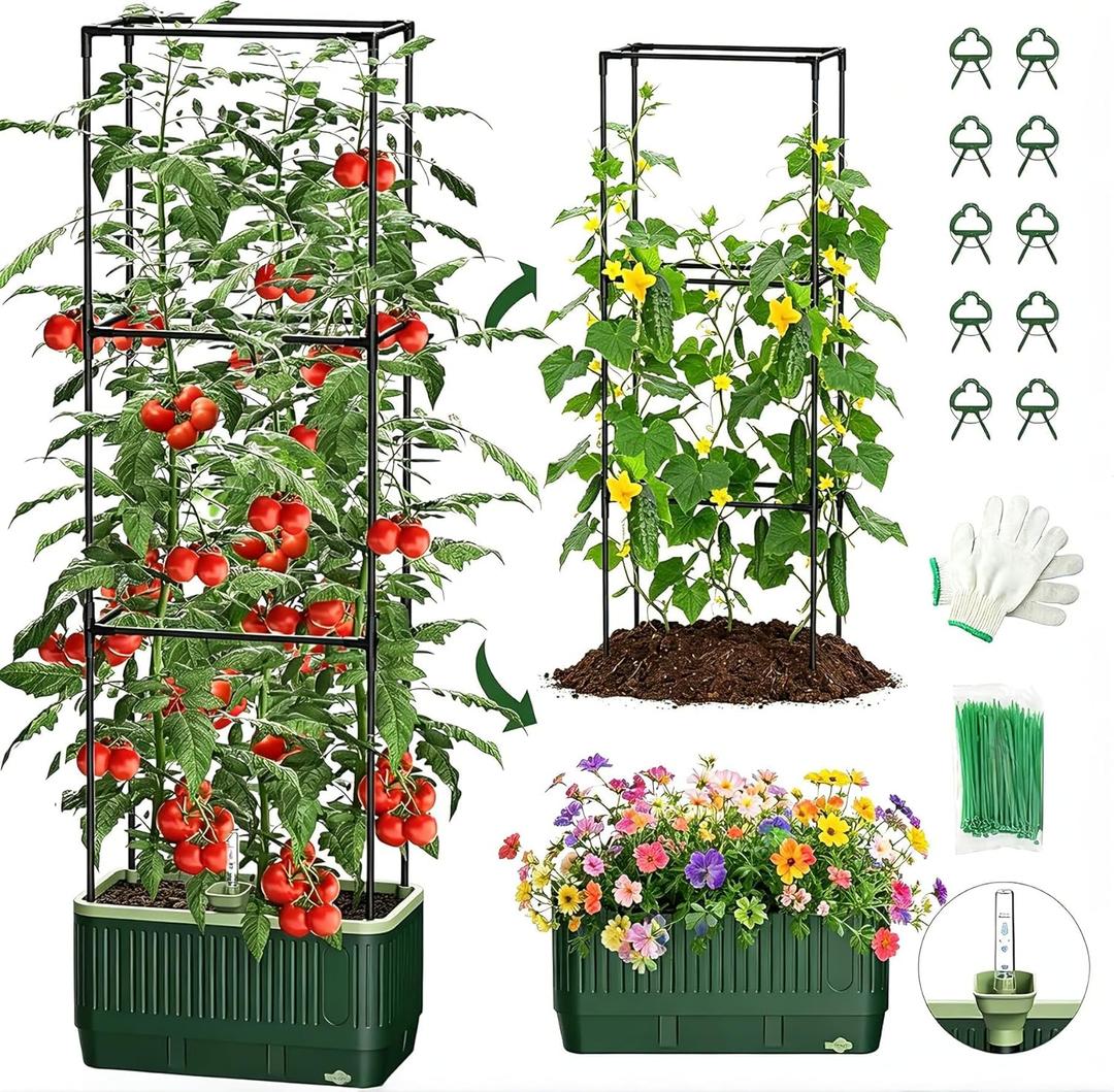 2 PackTomato Planter with Trellis, Self Watering Planter Box with Trellis, Vertical Raised Garden Bed Planter for Climbing Vegetables Indoor Outdoor Patio