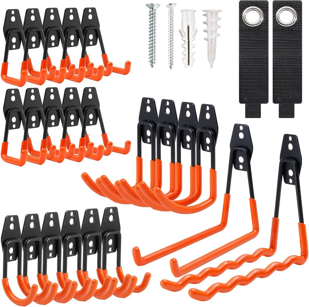 Heavy Duty Garage Hooks, 24 Pack Steel Wall Mount Storage Organizer with Anti-Slip Coating Garage Hook Set for Hanging Ladders, Bikes, Tools, Ropes, Coats (Orange)