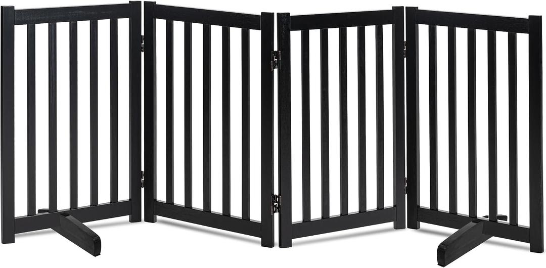 LZRS Freestanding Extra Wide Dog Gate 30 inch Tall - 4 Panels Solid Wooden Pet Gate for Doorways, Stairs, Hallways,Kitchens& Long Areas, Expandable & Foldable with Support Feet,Indoor Use,Black