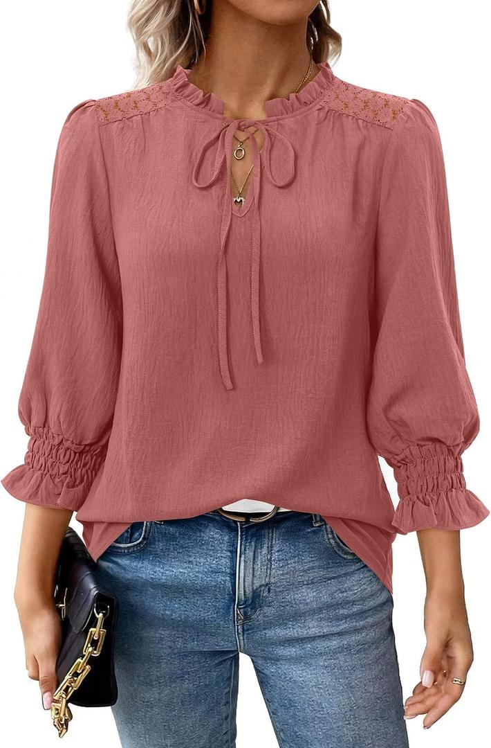 siliteelon Peasant Blouses 3/4 Length Sleeve Womens Tops Ruffle Collar Tie V Neck Lace Shoulder Dressy Casual Summer 2026, Size M