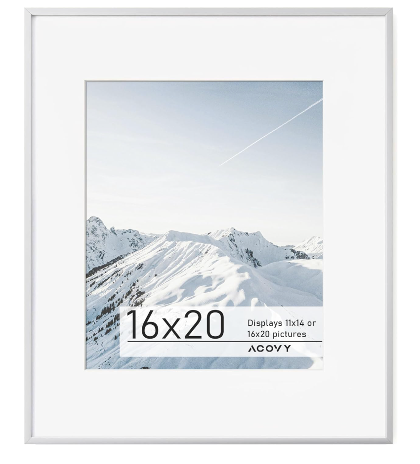 Acovy 16x20 Metal Picture Frame Silver, Aluminum Poster Frame with Removable Mat for 11x14 Photo, 16 x 20 Thin Hanging Frames, Simple and Elegant Decor for Wall Mounting, 1 Pack