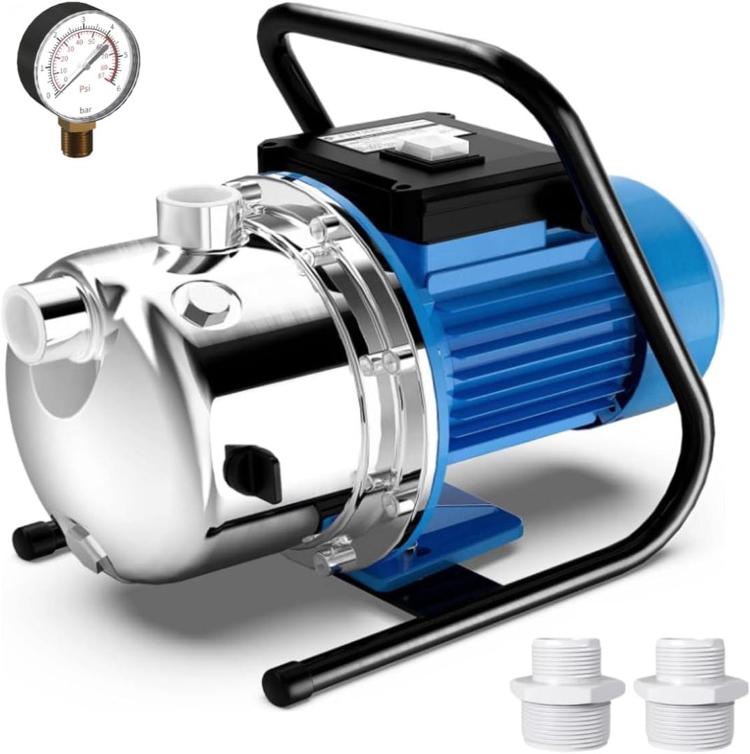 FOTING 1.6HP Shallow Well Pump, 1600GPH Jet Pumps Garden Pump, Water Transfer Draining Irrigation Pumps, Water Booster Jet Pump Stainless Steel for Home Garden Lawn Farm