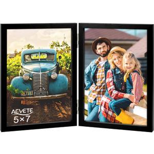 AEVETE 5x7 Picture Frames Double Hinged Wood Folding Photo Frames Vertical with Plexiglass Front, Black