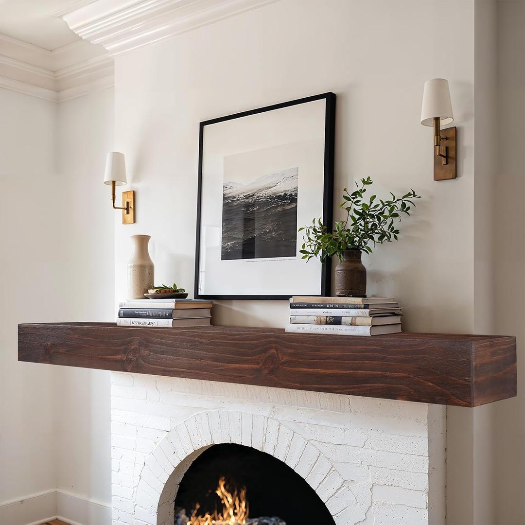Solid Fireplace Mantel 72 Inch, Rustic Wooden Mantel Shelf for Wall, Dark Brown