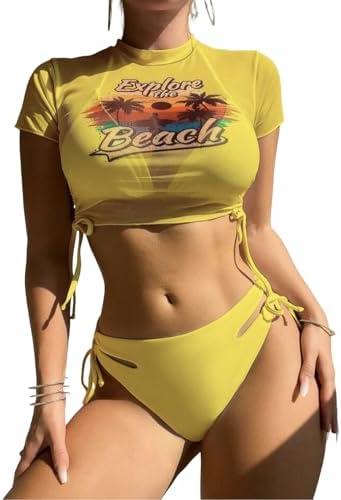 Sexybody Women's 3 Piece Swimsuit Halter String Bikini Tie Side Mesh Short Sleeve Bathing Suits L