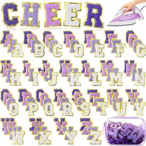 105 Pcs Chenille Letter Patches Self Adhesive Iron on Colorful Chenille Embroidered Patches with Gold Glitter Jean Stickers for Clothing Hat Backpack Bag Jacket(Purple Gradient Series)
