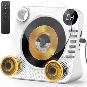 CD Player with Bluetooth, Desktop CD Player for Home,HiFi Speakers,Remote Control,USB,LED Display,Timer,Repeat,EQ Sound,AUX/3.5mm Earphone Jack,Kids,Gift-White