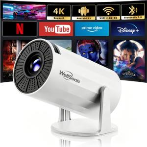 WellSonic Mini Projector with WiFi and Bluetooth, Portable Movie Projector Support 4K, Auto Keystone, 210° Rotation, 130'' Screen Smart Projector Compatible with HDMI Phone TV Stick for Bedroom Outdoor