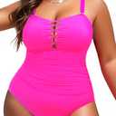 Yonique Women Hot Pink Plus Size One Piece Swimsuits Tummy Control Bathing Suits Vintage Swimwear 14plus