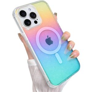 Glitter Case for iPhone 14 Pro Case for Women Girls [ Compatible with Magsafe ] Clear Cute Girly Aesthetic Iridescent Rainbow Sparkly Bling Magnetic Phone Cover, Gradient Blue & Pink