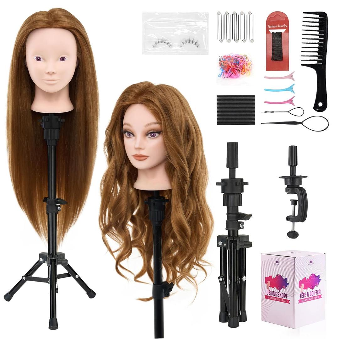 Mannequin Head 80% Human Hair with Tripod Stand, 28 Inch Makeup Cosmetology Manikin Head Braiding Mannequin Head with stand, Hairdressing Training Practice Doll Head for Hair Styling with Table Clamp (Blonde#27B&Tripod)