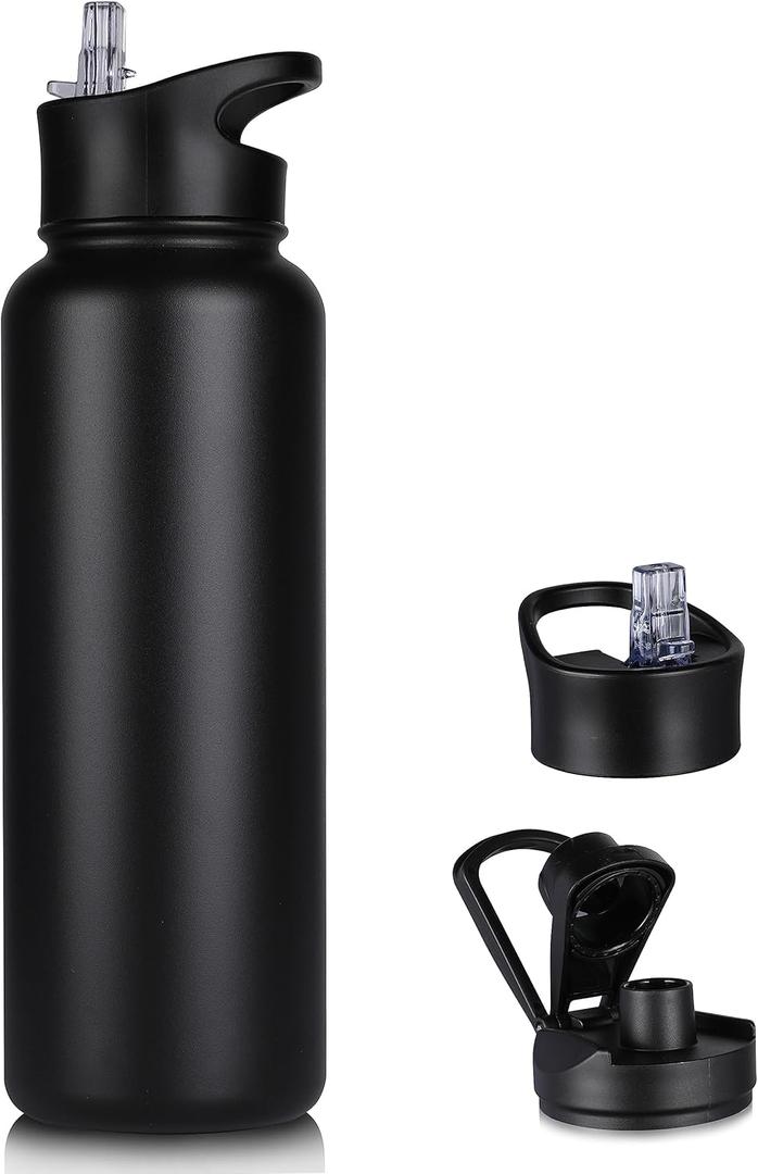 40 oz Insulated Water Bottle with Straw, Stainless Steel Sports Water Bottles with 2 Lids (Straw and Wide Mouth lid), Double Wall Vacuum, Leakproof, BPA-Free, Black (40 Ounces)