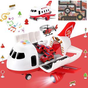 Dwi Dowellin Airplane Toys with Fire Truck Cars Toy Set and Play Mat,Plane with Light Up and Sounds,Birthday Gift for 3 4 5 6 Years Old Kids Boys Girls (Medium)