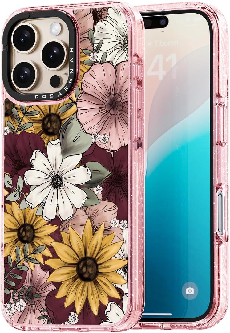 for iPhone 16 Pro Max Case Cute - Durable Shockproof 6.6 ft Drop Impact Phone Case - Funny Sunflower Design (6.9") Glitter Pink