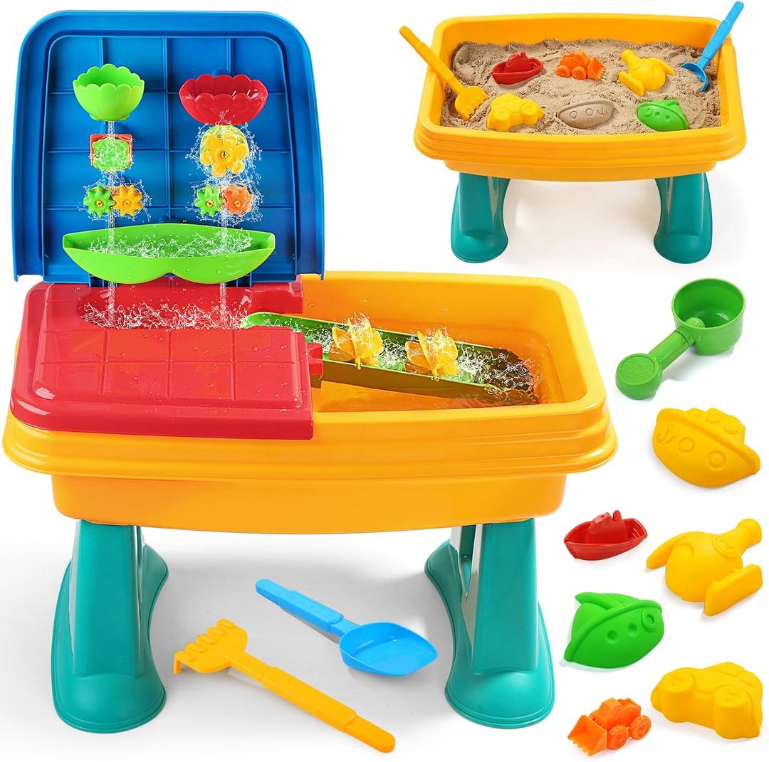 Kids Sand and Water Table, 2 in 1 Toddler Activity Table with Water Wheel & Sand Tools, Outdoor Indoor Sensory Play Sandbox Table for Toddlers, Summer Beach Water Toys for Boys Girls Age 3+