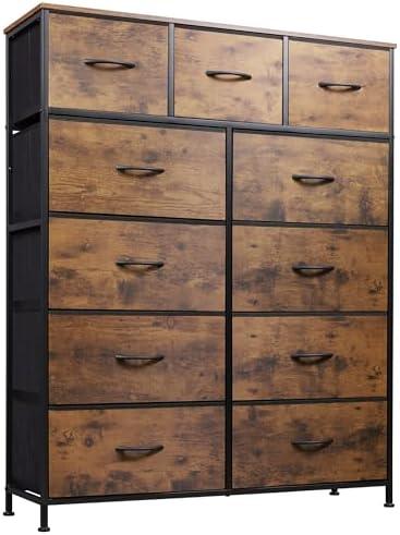 WLIVE Storage Organizer Unit with 11 Fabric Bins, Storage Drawers Organizer with Steel Frame, Tall Storage Tower Organizaton for Living Room, Hallway, Office, Rustic Brown