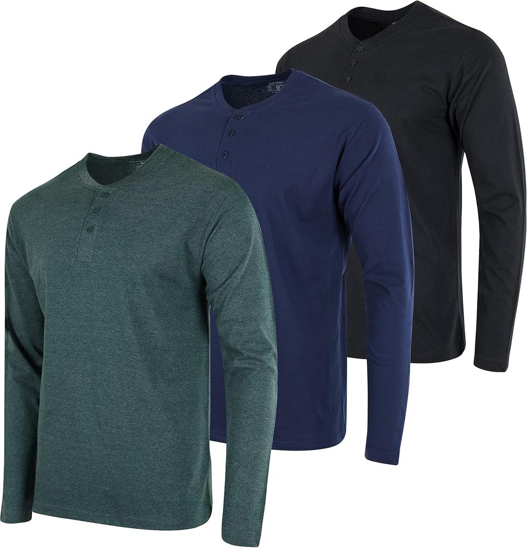 Real Essentials 3 Pack: Men's Cotton Short & Long Sleeve Henley T-Shirt Performance Activewear, L 