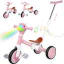 5-in-1 Toddler Tricycle with Lights & Music, Adjustable Push Kids Bike for 1-5 Year Olds, Toddler Balance Bike & Tricycle for Boys & Girls, Birthday Gift for 1 2 3 4 5 Year Old Kids (Pink)