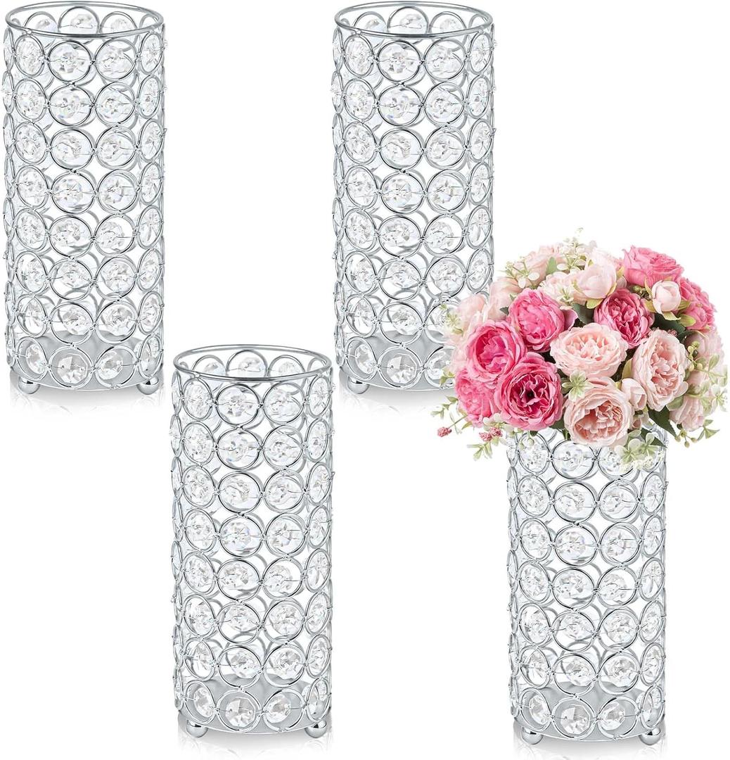 Elegant Crystal Column Vase/Candle Holder for Table Centerpiece, Cylinder Flower Display for Weddings & Home Decor (4, Silver)