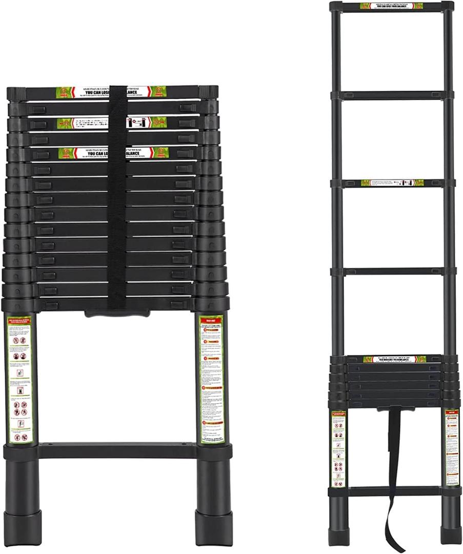 RIKADE Telescoping Ladder 20.3FT & Attic Ladder, Heavy Duty Aluminum with Non-Slip Feet, 330lb Capacity for RV, Attic, Roof & Multi-Surface Use (Black)