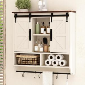 RUSTOWN Farmhouse Bathroom Wall Cabinet,3-Tier Rustic Wood Wall Mounted Cabinets,Vintage Medicine Cabinet with Sliding Barn Door and Adjustable Shelves,Over The Toilet Storage Cabinet (Vintage White)