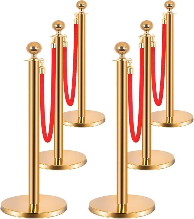 6pcs Stainless Steel Stanchions with 4 Red Velvet Ropes - 5ft Crowd Control Barriers for Parties, Weddings, Hotels, Exhibitions - Elegant Queue Management System Gold 6PCS 4Ropes