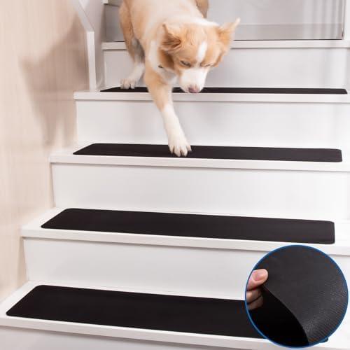 HOPEVIVA Rubber Backed Stair Treads Non Slip, Indoor Stair Runners for Wooden Steps Covers, Staircase Covers Anti Slip Strips, Black Non Skid Rubber Carpet Mats, 30"X8", Set of 15