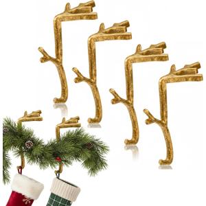 Vicenpal 4 Pcs Fireplace Stocking Garland Hanger for Mantel 2 in 1 Christmas Stocking Holder Two Hooks Durable Wrought Iron Metal Hanger with Padded for Holiday Xmas Home Shelf Decor (Retro Brass)